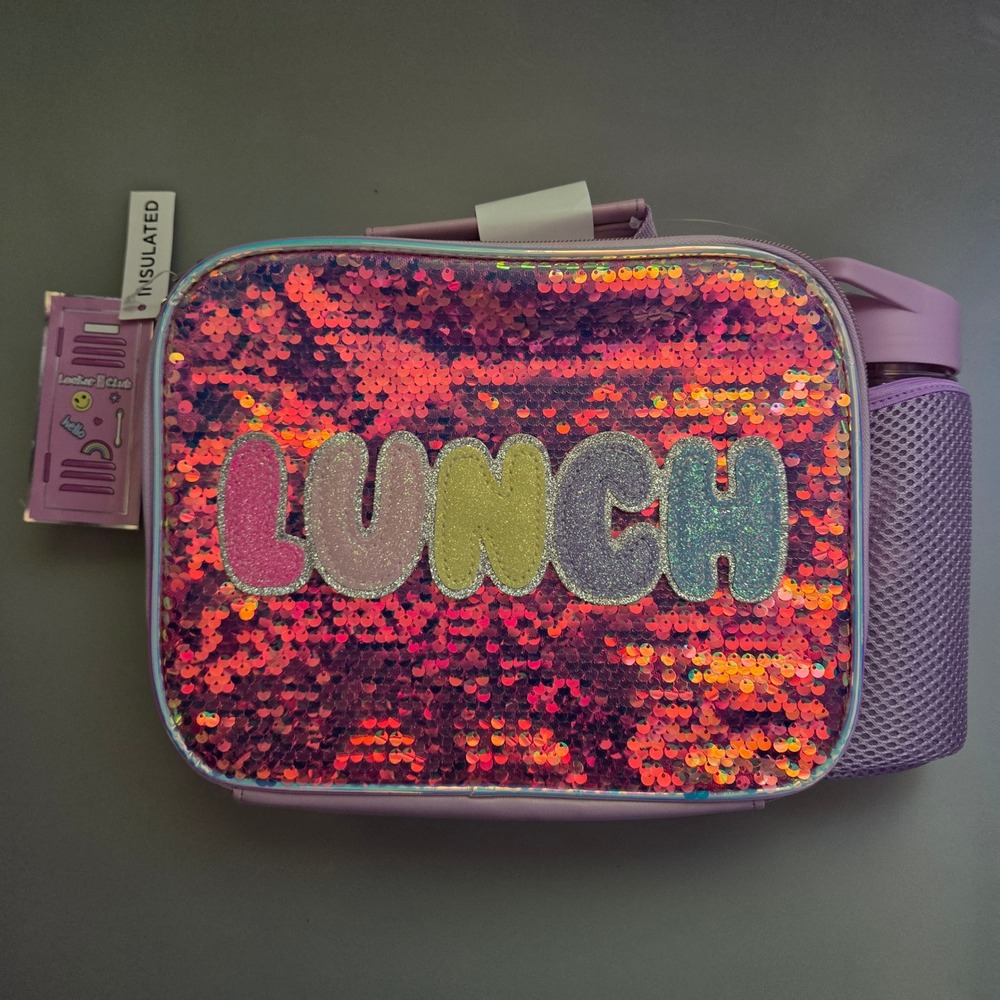 Locker Club Kids Pink Sequin Insulated Lunch Box with Water Bottle Purple New